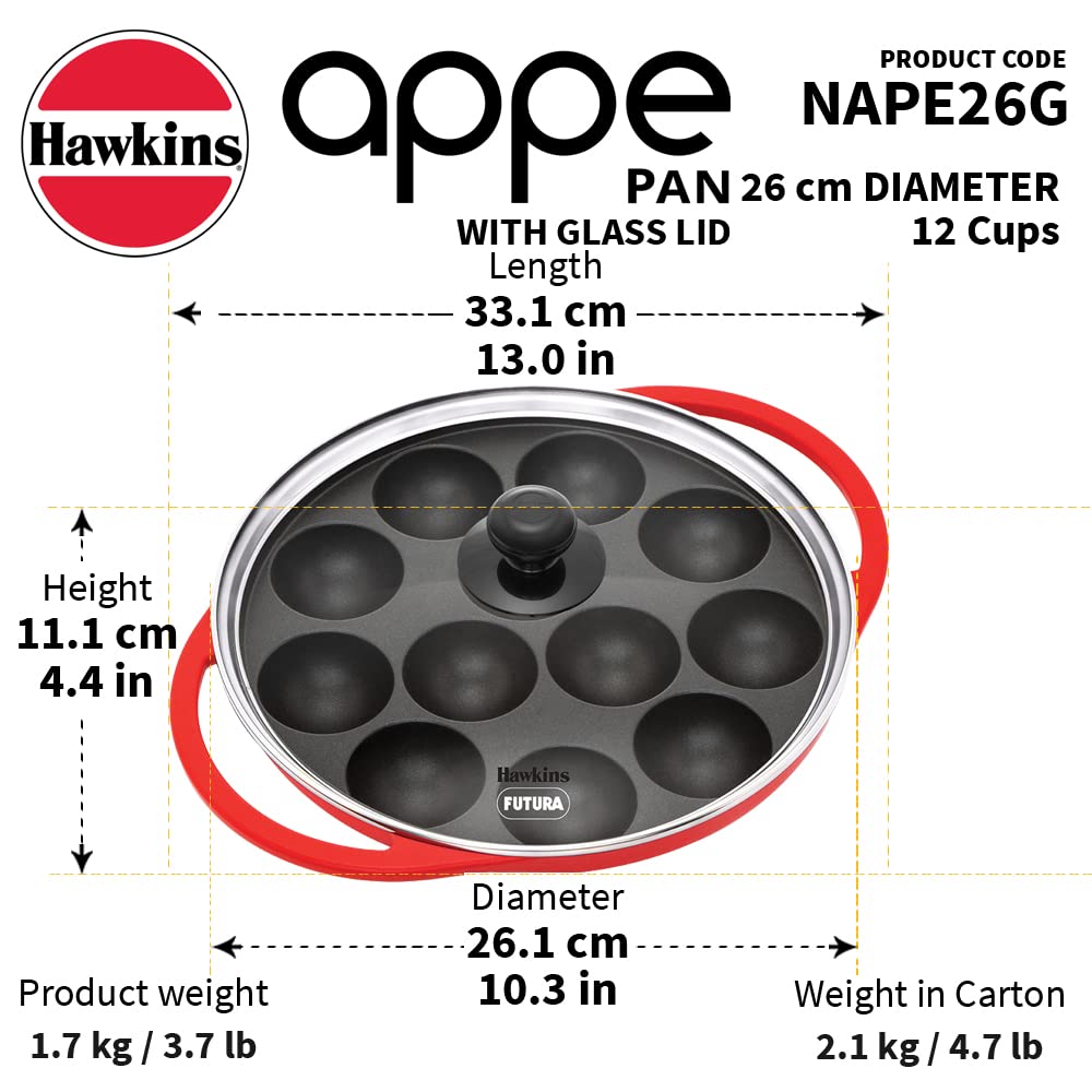 Hawkins 26 cm Appe Pan, Non Stick Paniyaram Pan with Glass Lid, 12 Cups Paniyarakkal Ceramic Pan, Red