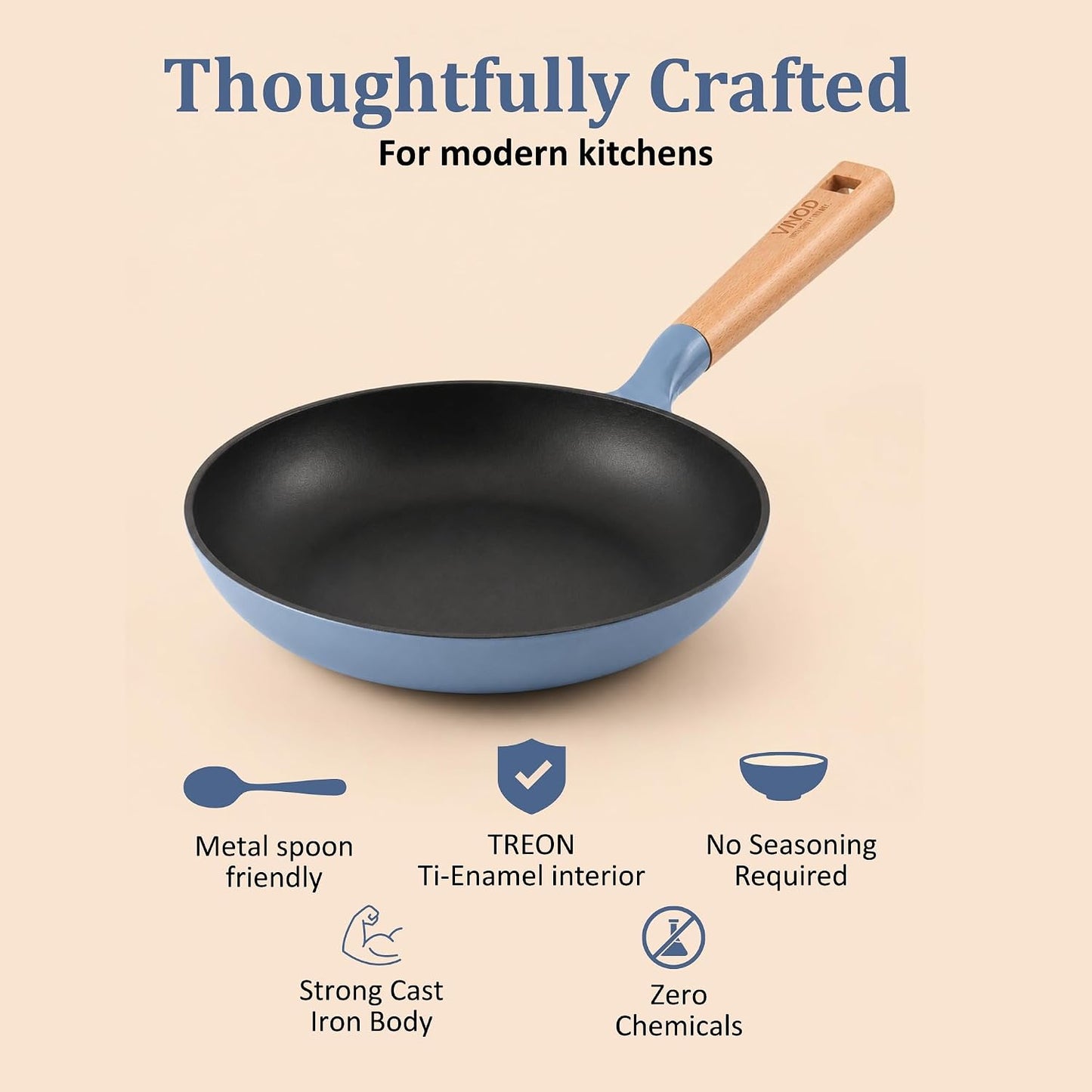 Vinod Freya Enameled Cast Iron Frying Pan - 22 cm, 1.2 L BLUE COLOR| Wood-Finish Handle | TREON Technology | No Seasoning Required | Gas & Induction Compatible | Ideal for  Everyday Cooking