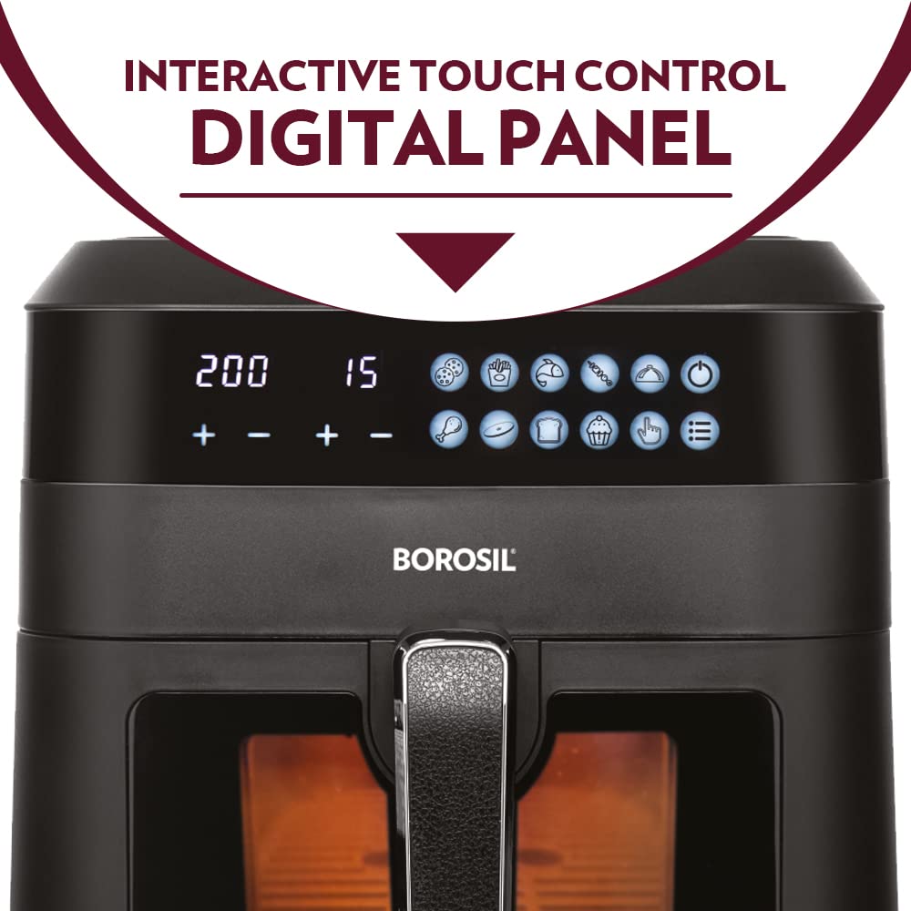 Borosil 1300 Watt Digital Air Fryer 4.7L Capacity with 10 Pre-set Menu Modes | Digital Display and 8-in-1 Multi-functionality – Bake Grill Roast Reheat with 90% Less Oil for Cooking (1 Year Warranty on motor)