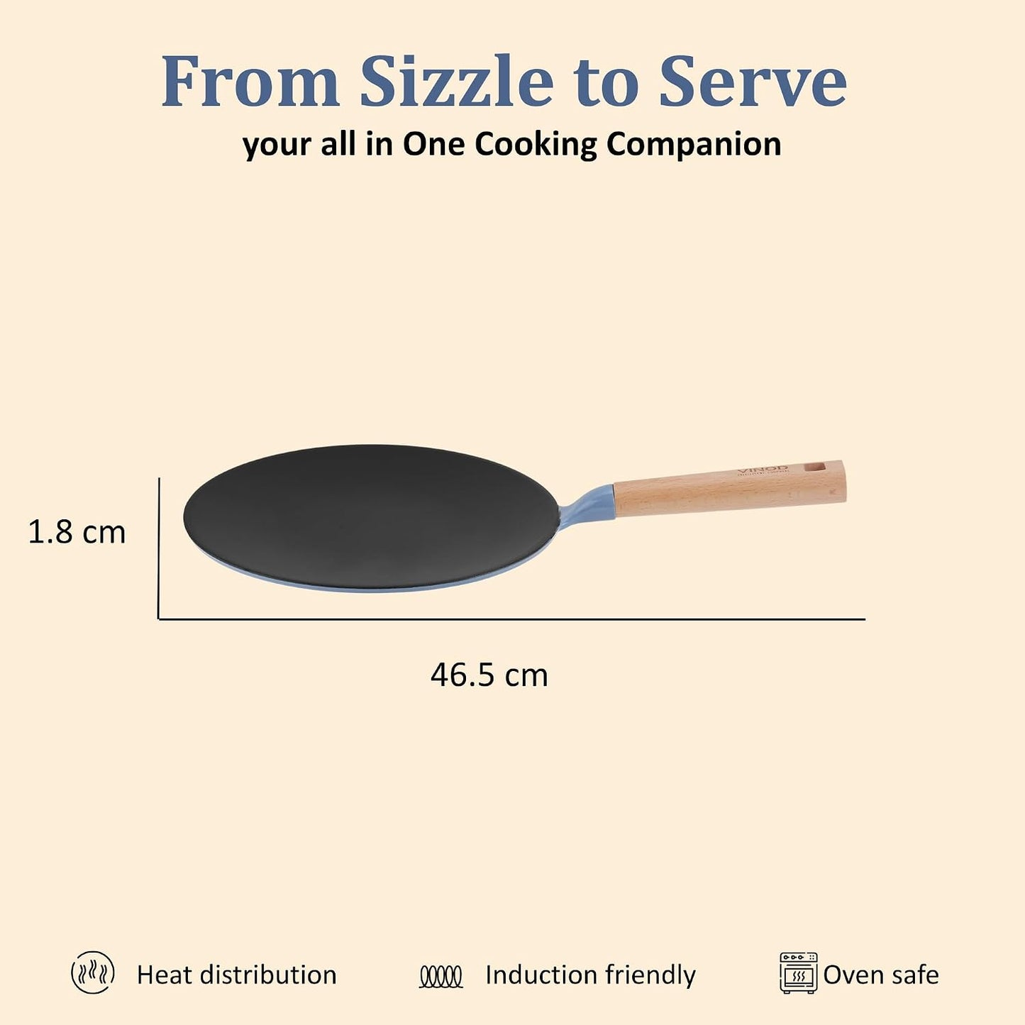 Vinod Freya Cast Iron Roti Tawa 26 cm Blue Color | TREON Titanium-Reinforced Enamel, No Seasoning Required, Oil-Activated Food Release, Beechwood Handle, Gas & Induction Base, for Roti, Chapati & Paratha