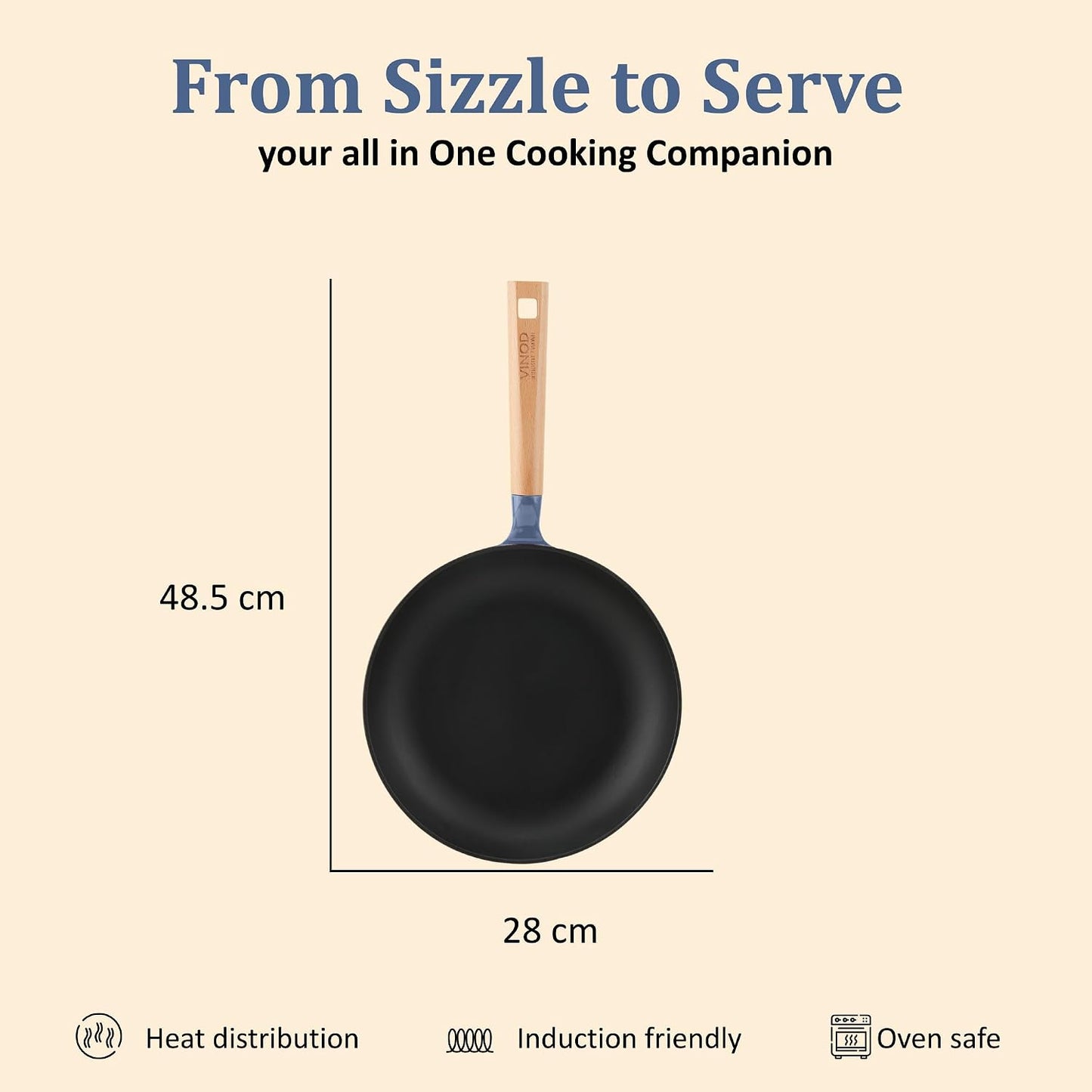 Vinod Freya Cast Iron Dosa Tawa 28 cm Blue, TREON Titanium-Reinforced Enamel, No Seasoning Required, Oil-Activated Food Release, No Traditional Seasoning, Gas & Induction Base, Beechwood Handle