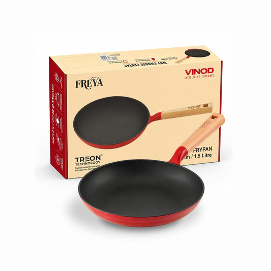 Vinod Freya Enameled Cast Iron Frypan 24 cm, 1.5 L Red Color | Wood-Finish Handle | TREON Technology, 100% Toxin Free | No Seasoning Required | Gas & Induction Compatible | Ideal for Everyday Use