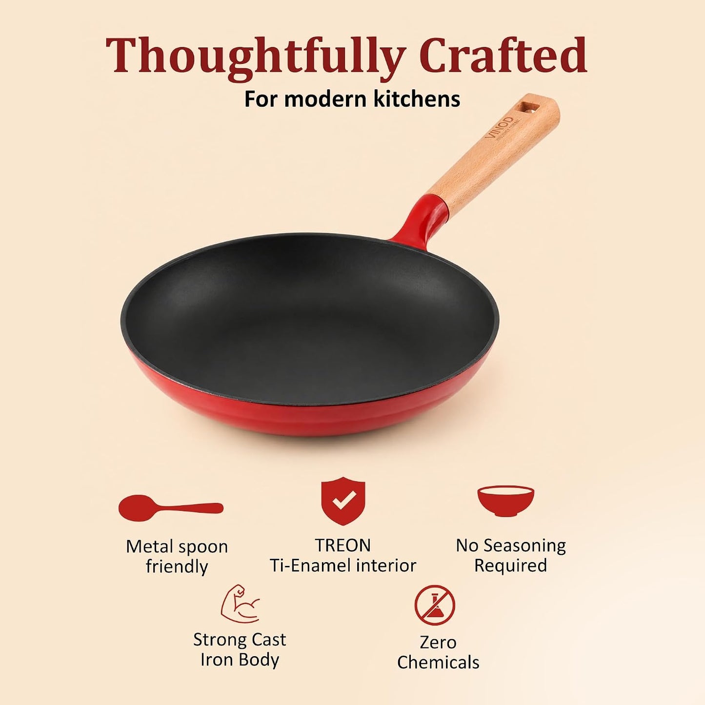 Vinod Freya Enameled Cast Iron Frying Pan - 22 cm, 1.2 L Red Color | Wood-Finish Handle | TREON Technology | No Seasoning Required | Gas & Induction Compatible | Ideal for Everyday Cooking