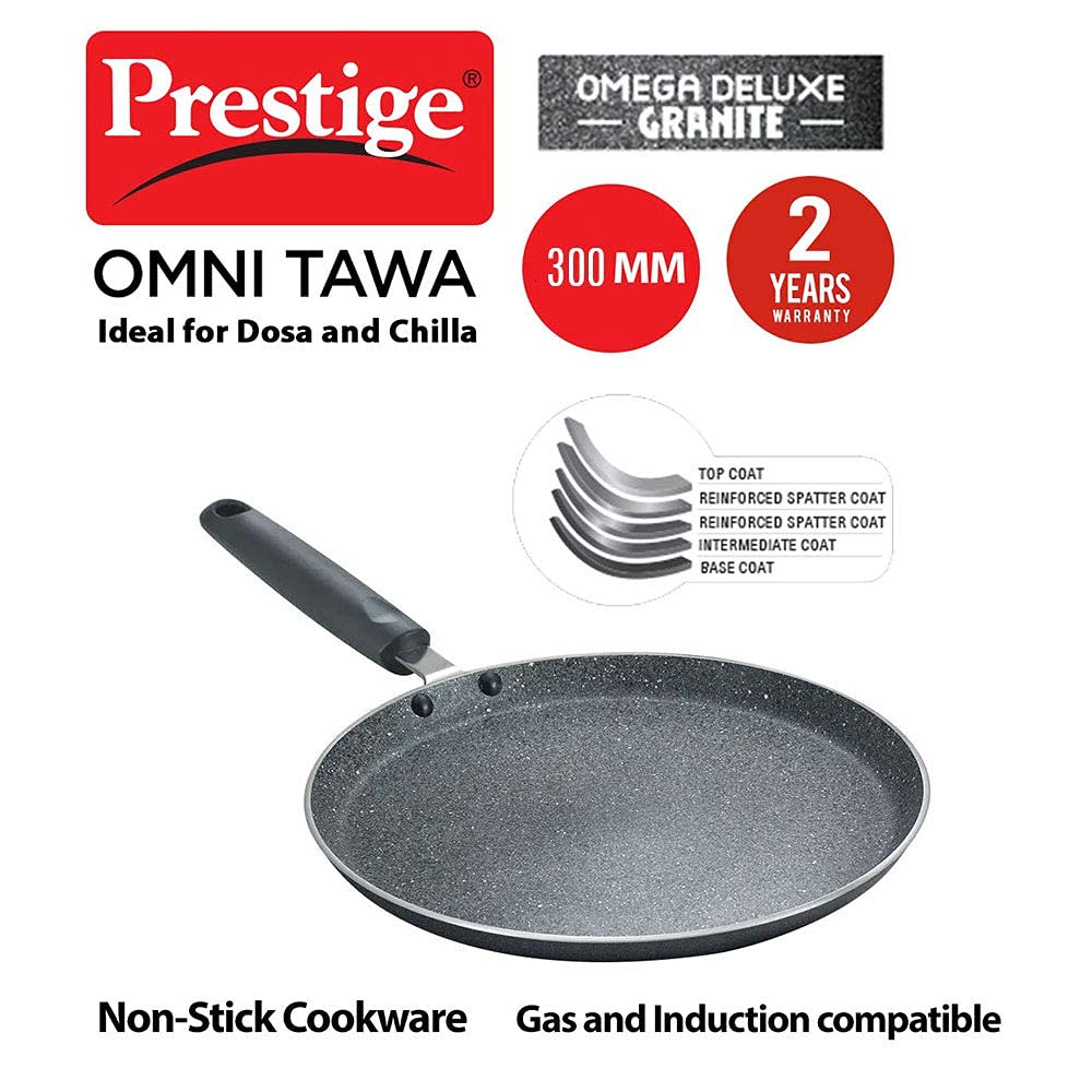 Prestige Omega Deluxe 30cm Granite Dosa Tawa|Non-Stick with 5 Layers Coating| Stainfree Interior|Gas & Induction Compatible|2 Years warranty