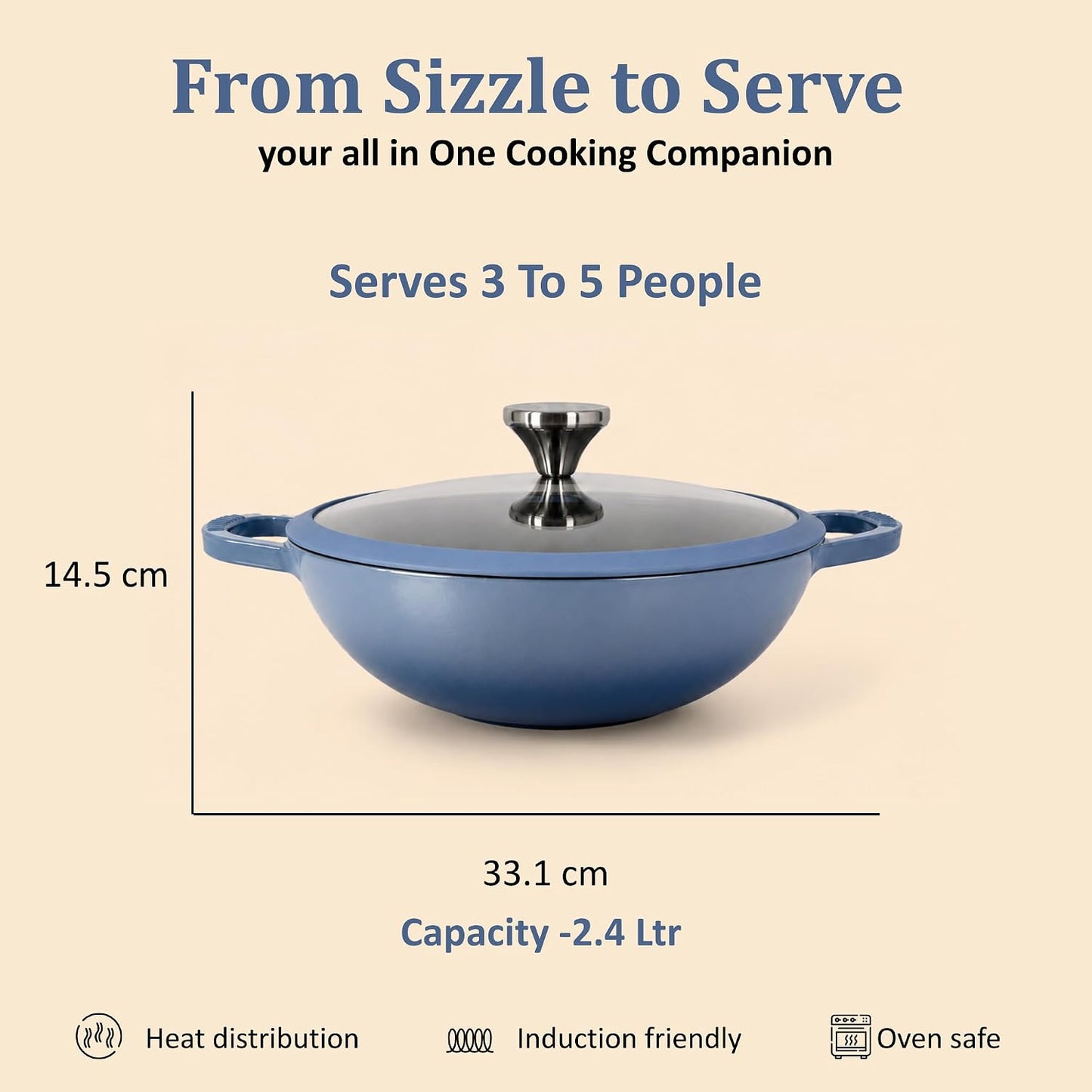 Vinod Freya Cast Iron Deep Kadai with Glass Lid, 24 cm, 2.4L Blue Color | TREON Technology Enamel Kadhai for Frying, Curry & Cooking | No Seasoning Required | Induction & Gas Compatible | No Chemical Coating