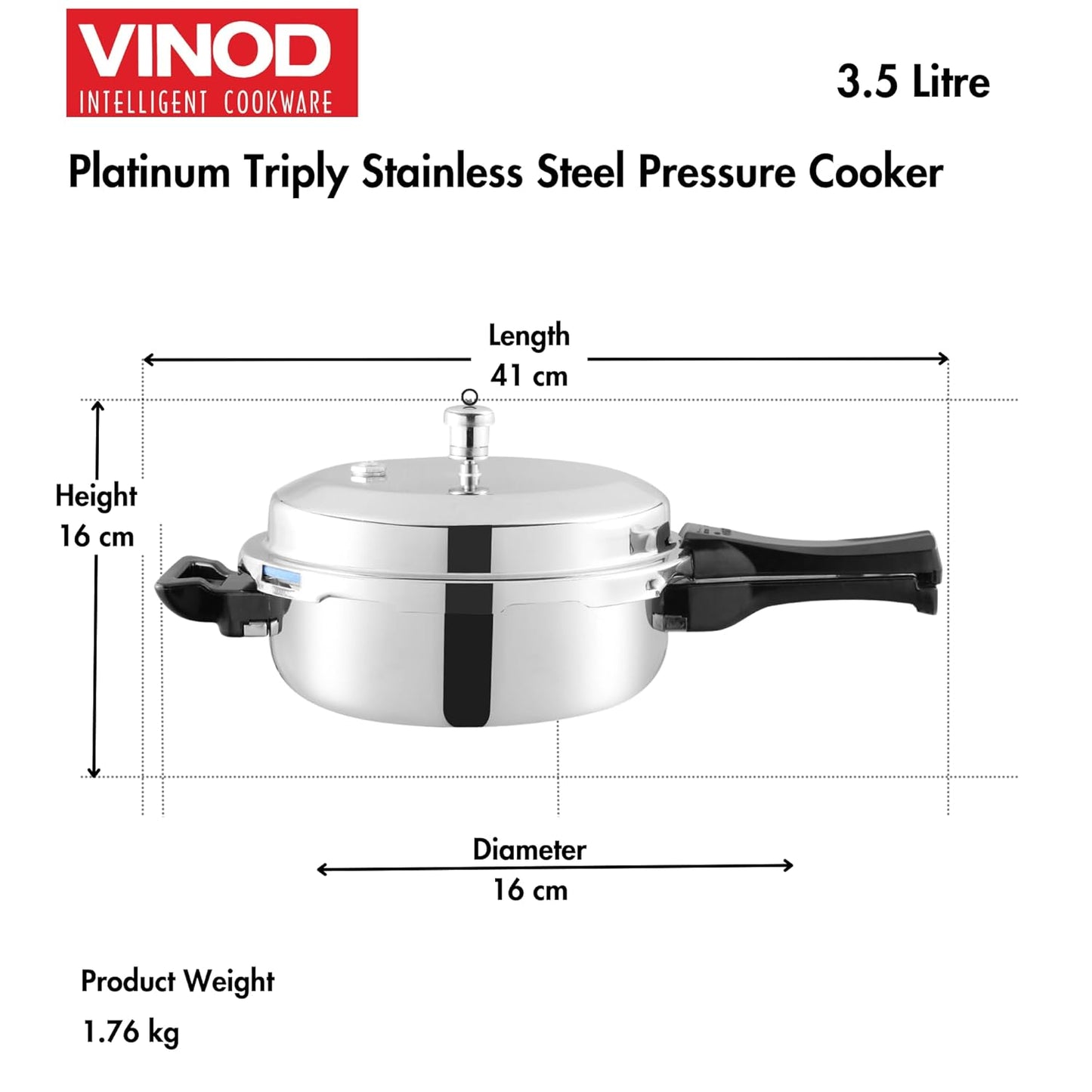 Vinod Platinum Triply Stainless Steel Pressure Cooker with Induction Base - 3.5 Liter | Junior Pressure Cooker | Induction Base Pressure Cooker - ISI certified, Silver