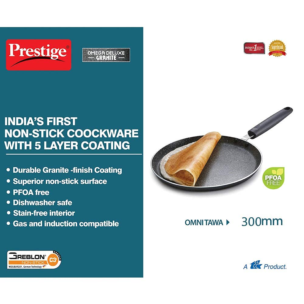 Prestige Omega Deluxe 30cm Granite Dosa Tawa|Non-Stick with 5 Layers Coating| Stainfree Interior|Gas & Induction Compatible|2 Years warranty