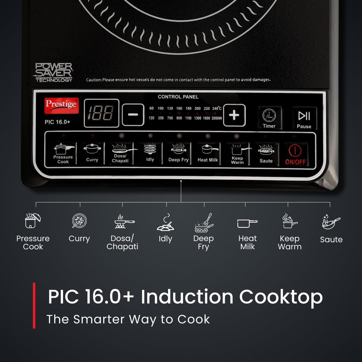 Prestige PIC 16.0 plus 2000 Watts Induction Cooktop| Indian Menu Option| Automatic power & temperature adjustment| Protection against insects|1 year warranty| Black