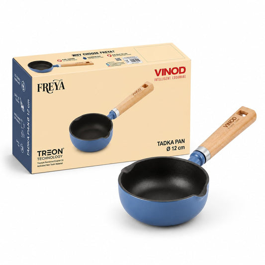 Vinod Freya Enameled Cast Iron Tadka Pan 12 cm  Blue Color| Dual Pour Spouts Wooden Handle | TREON Technology | No Seasoning Required | for Tempering & Sauces | Gas & Induction Compatible | 100% Toxin Free