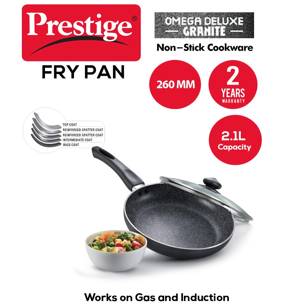 Prestige Non-Stick Omega Deluxe Granite Fry Pan with Lid 26 Centimeters Capacity 2.1 Liters| Black | Induction Base | 5 Layer Non-Stick Cookware
