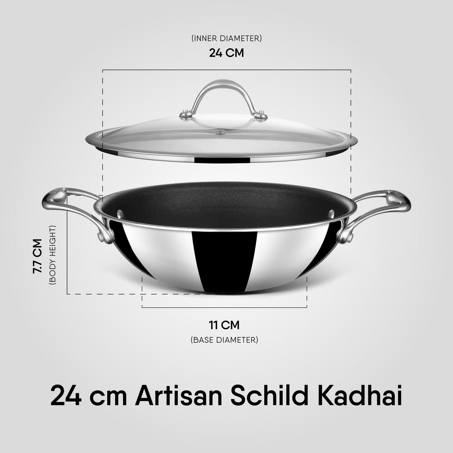 Stahl Artisan Schild 24 cm Kadhai Triply Stainless Steel PEEK-Reinforced Kadhai Induction & Gas Compatible with Glass Lid 5-Year Warranty