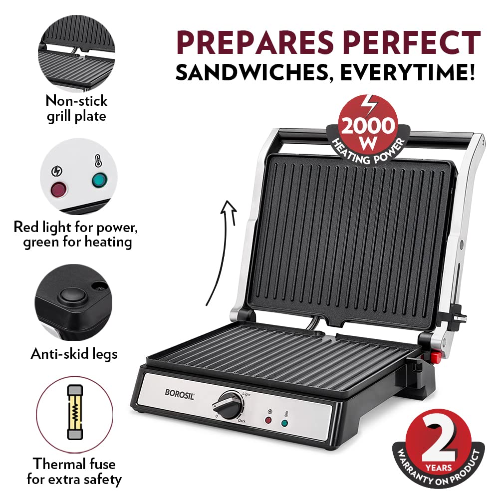 Borosil Super Jumbo Grill Sandwich Maker | Can Make 4 Sandwich At a Time | 2000W Electric Toaster Maker | Non-Stick Coating Plates Opens to 180°, BPA & PTFE Free | Power Indicators | 2 Year Warranty on motor
