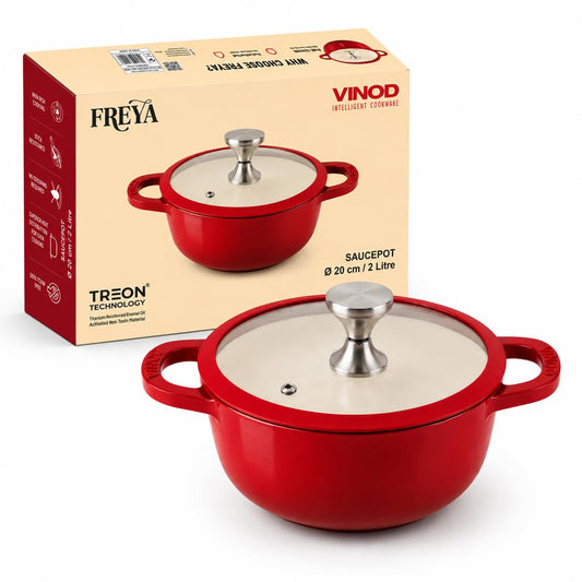 Vinod Freya Cast Iron Saucepot with Glass Lid, 20cm 2L | Enameled Casserole & Dutch Oven | TREON Technology | Iron-Rich Handi for everyday use | Induction & Gas Compatible Cooking Pot