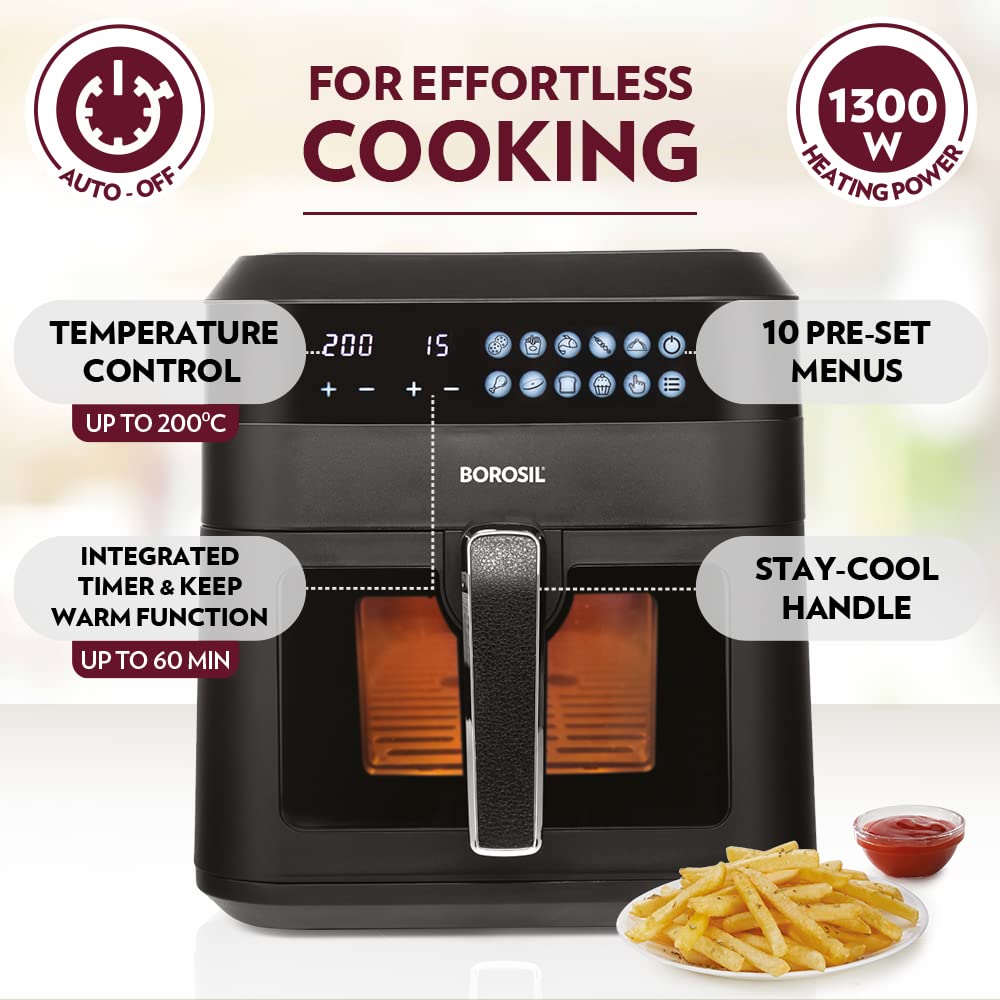 Borosil 1300 Watt Digital Air Fryer 4.7L Capacity with 10 Pre-set Menu Modes | Digital Display and 8-in-1 Multi-functionality – Bake Grill Roast Reheat with 90% Less Oil for Cooking (1 Year Warranty on motor)
