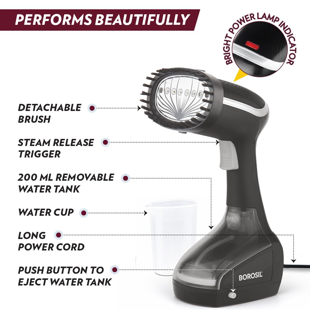 Borosil Handheld Garment Steamer Gs01,Horizontal & Vertical Use,1000 Watts Fast Heating,Ceramic Steam Nozzle,200 Ml Water Tank,Detachable Fabric Brush,Lint Brush,For Silk,Nylon,Rayon,Wool,Cotton