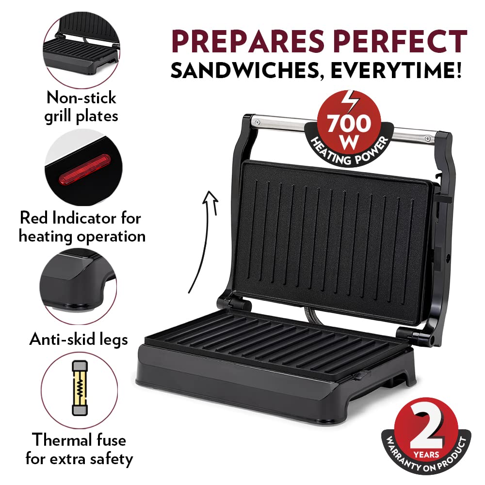 Borosil Meta Prime 700W Grill Sandwich Maker | Can Make 2 Sandwich At a Time | Power Indicators | Non Toxic & Non-Stick Coating Plates Opens to 105° | Automatic Temprature Control | 2 Year Warranty on motor