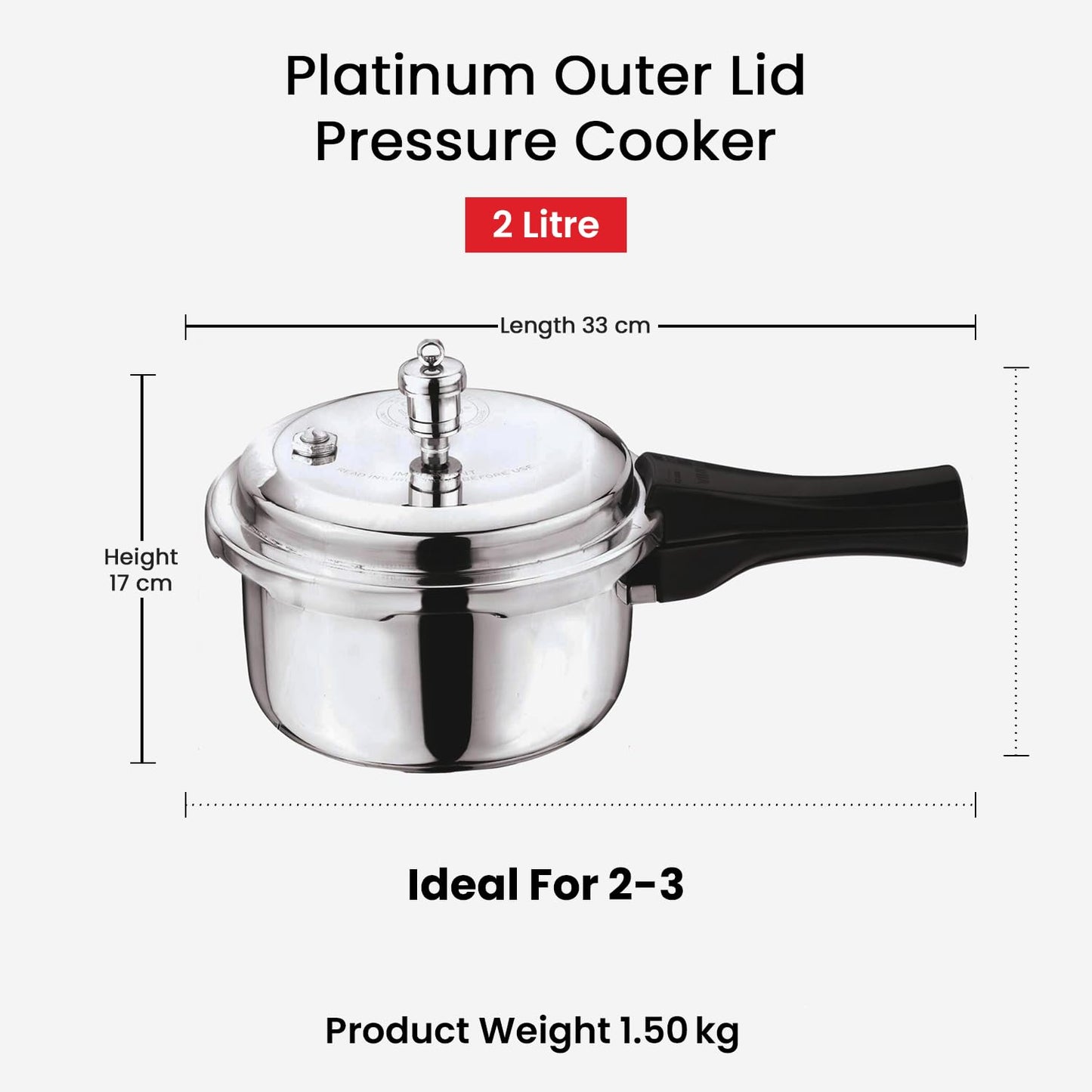Vinod Platinum Triply Stainless Steel Outer Lid Pressure Cooker - 2 Liter, Induction Friendly, ISI Certified, Small Pressure Cooker for Quick Meals, Silver