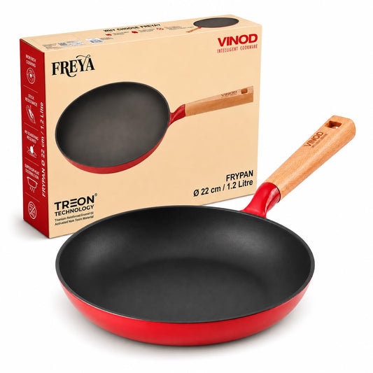 Vinod Freya Enameled Cast Iron Frying Pan - 22 cm, 1.2 L Red Color | Wood-Finish Handle | TREON Technology | No Seasoning Required | Gas & Induction Compatible | Ideal for Everyday Cooking