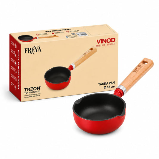 Vinod Freya Enameled Cast Iron Tadka Pan 12 cm Red Color | Dual Pour Spouts Wooden Handle | TREON Technology | No Seasoning Required | for Tempering & Sauces | Gas & Induction Compatible | 100% Toxin Free