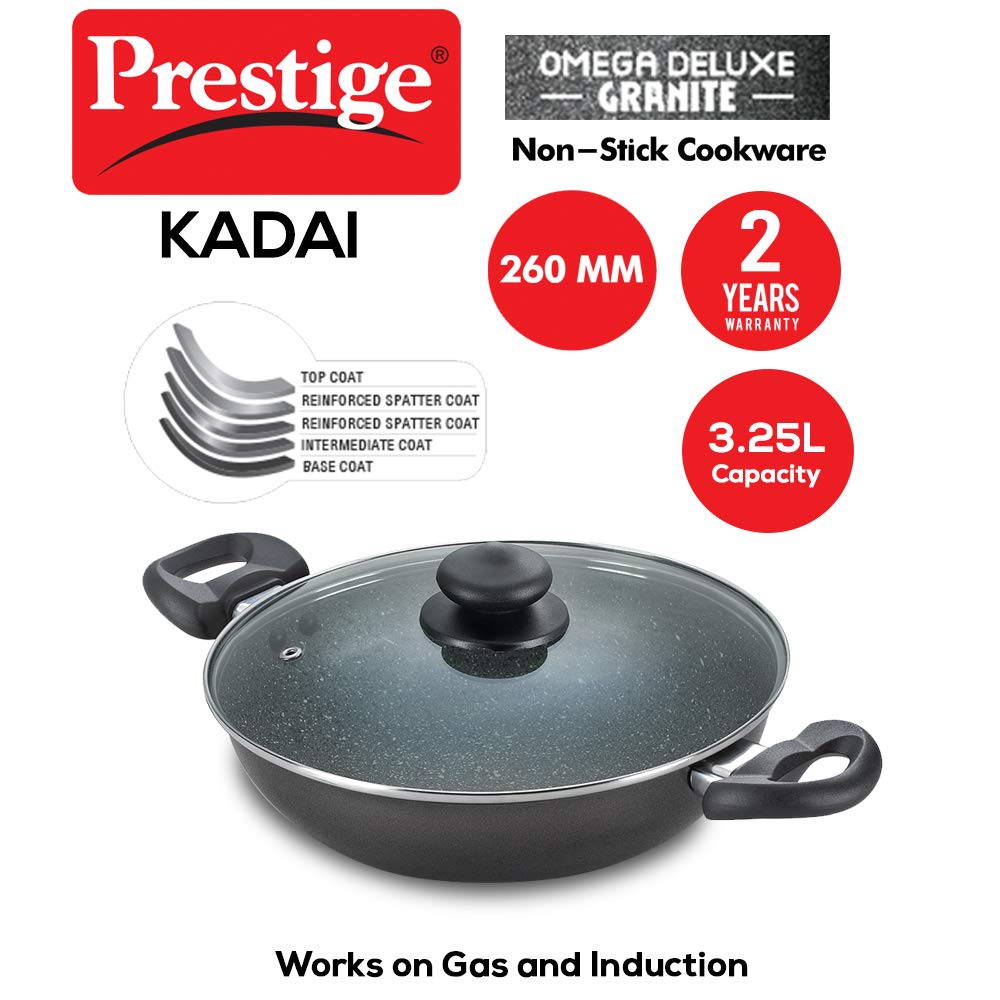 Prestige Omega Deluxe Granite Kadhai 26 Centimeters Capacity 3.25 Liters | Black | Induction Base | 5 Layer Non-Stick Granite Finish | Scratch Resistant