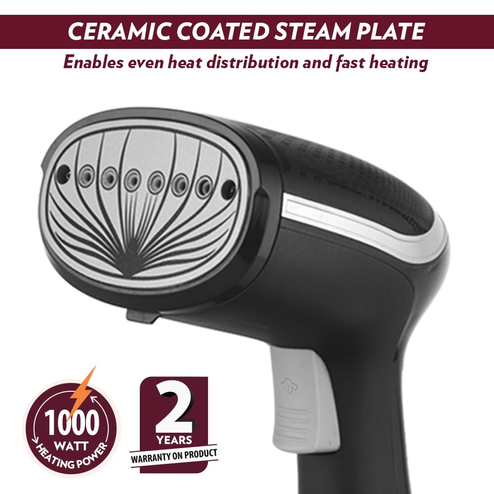 Borosil Handheld Garment Steamer Gs01,Horizontal & Vertical Use,1000 Watts Fast Heating,Ceramic Steam Nozzle,200 Ml Water Tank,Detachable Fabric Brush,Lint Brush,For Silk,Nylon,Rayon,Wool,Cotton