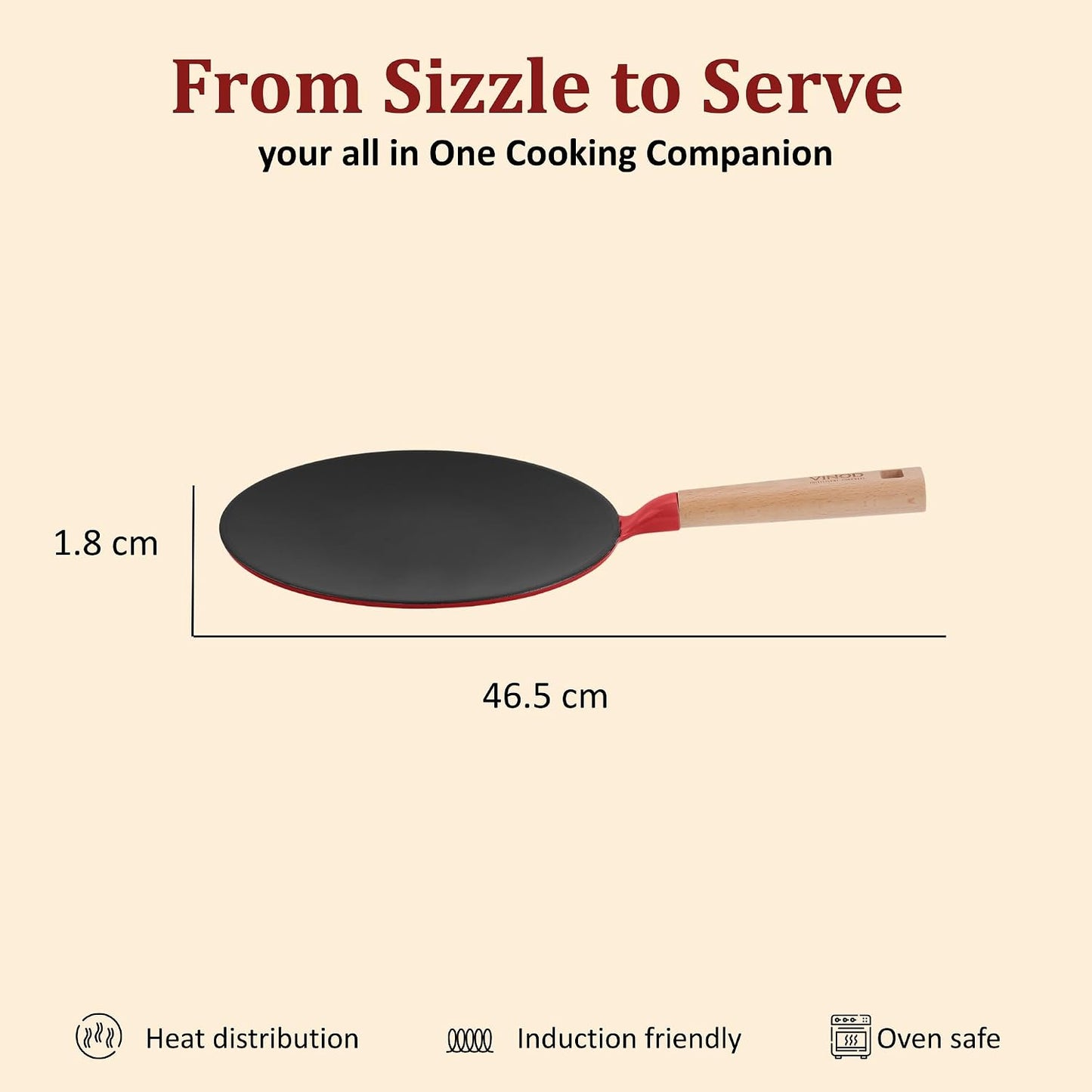 Vinod Freya Cast Iron Roti Tawa 26 cm Red Color | TREON Titanium Enamel, Oil-Activated Food Release, PFAS & PTFE Free, No Traditional Seasoning, Gas & Induction, for Chapati & Paratha, Beechwood Handle