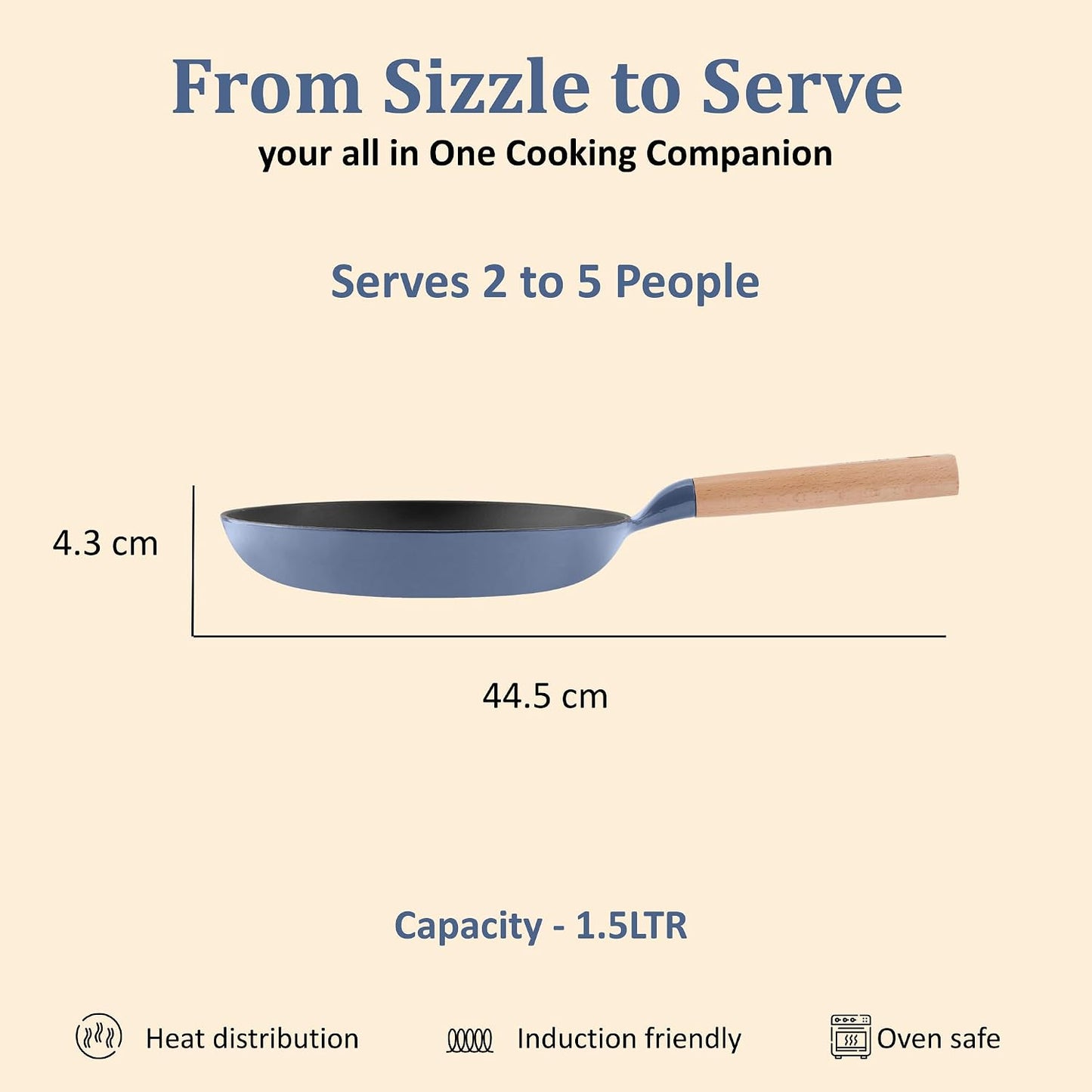 Vinod Freya Enameled Cast Iron Frying pan 24 cm, 1.5 L | Wood-Finish Handle | TREON Technology | No Seasoning Required | Gas & Induction Compatible | Ideal for Everyday Cooking