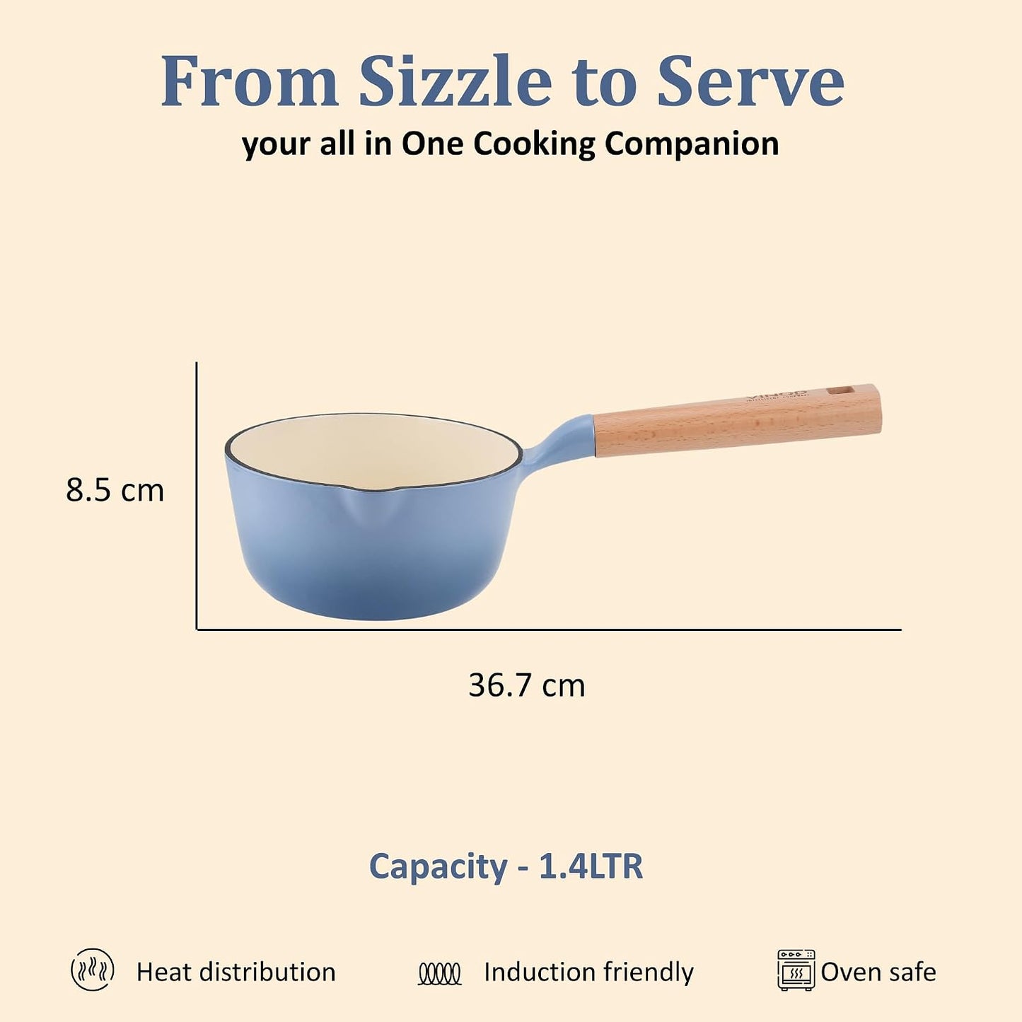 Vinod Freya Enameled Cast Iron Saucepan - 16 cm,1.4 L Blue Color | TREON Technology | 100% Toxin Free | Wooden Handle with Pour Spout | Gas & Induction Compatible | No Seasoning Required | Milk & Tea Pan