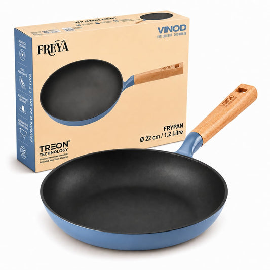 Vinod Freya Enameled Cast Iron Frying Pan - 22 cm, 1.2 L BLUE COLOR| Wood-Finish Handle | TREON Technology | No Seasoning Required | Gas & Induction Compatible | Ideal for  Everyday Cooking