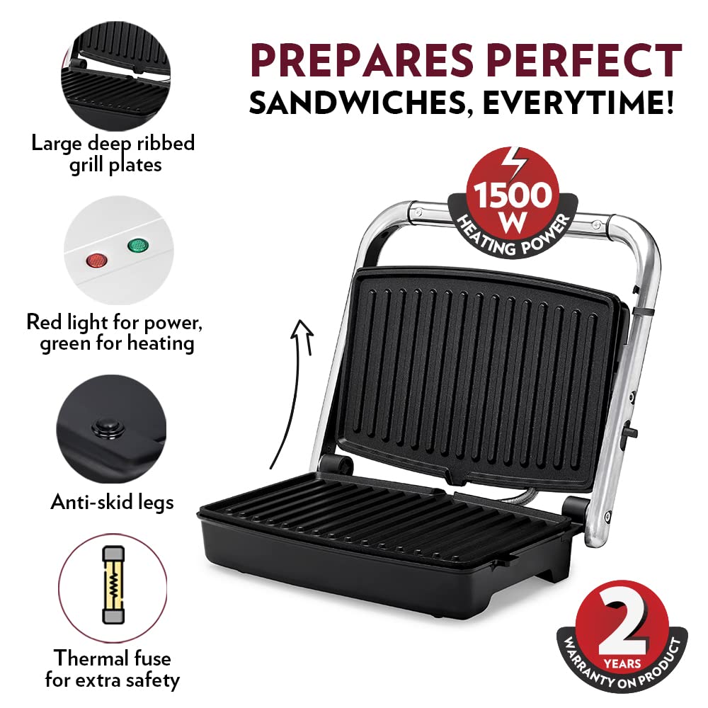 Borosil Jumbo Grill Sandwich Maker | 1500W, Can Make 4 Sandwich At a Time | Power Indicators | Non Toxic & Non-Stick Coating Plates Opens to 180° | Automatic Temprature Control | 2 Year Warranty on motor