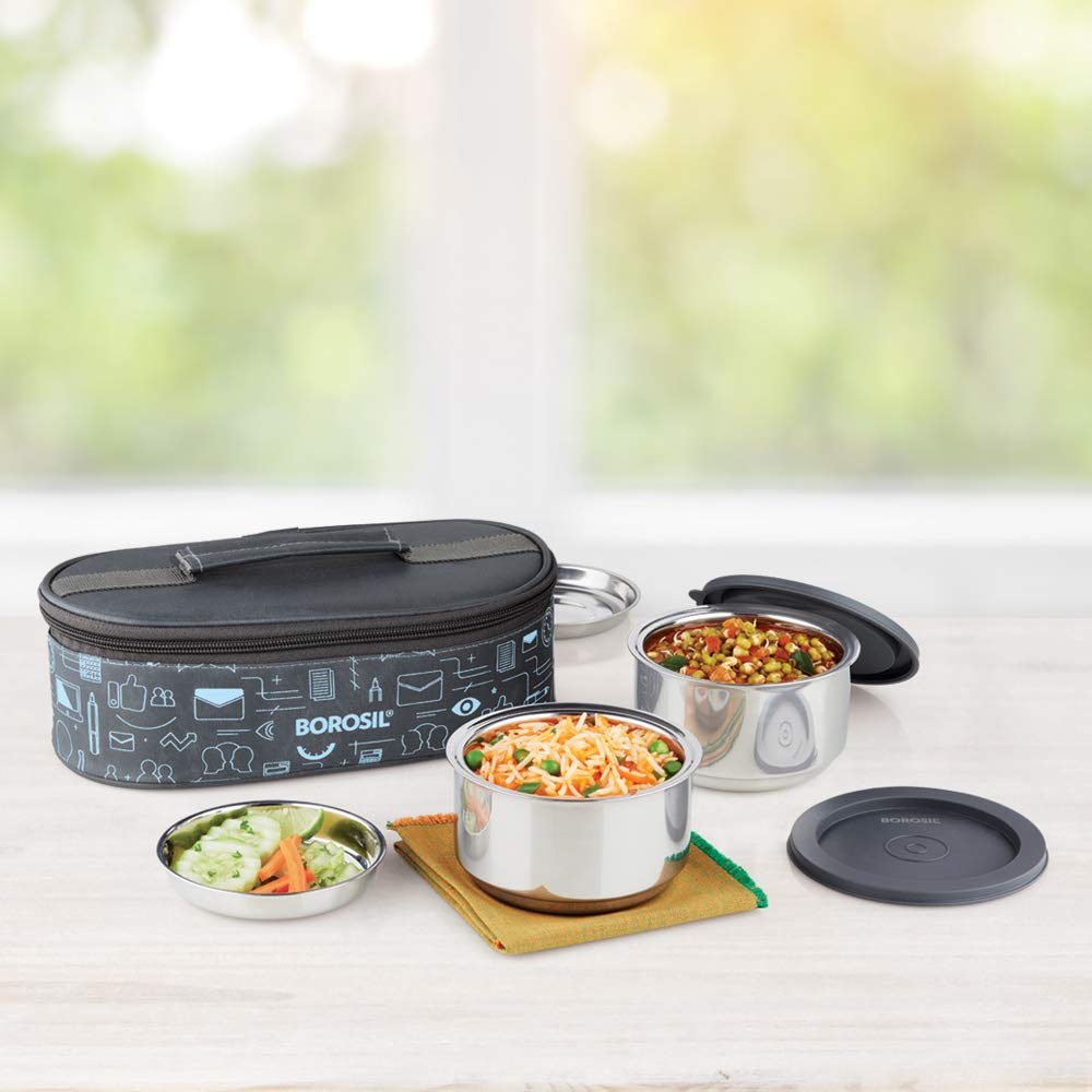 Borosil Carry Fresh Stainless Steel Lunchbox 2 containers Horizontal | 2 pc Round Container Set 280 ml Each | Tiffin for Office, School & College with Food Grade Steel | Leakproof | 1 Year Warranty