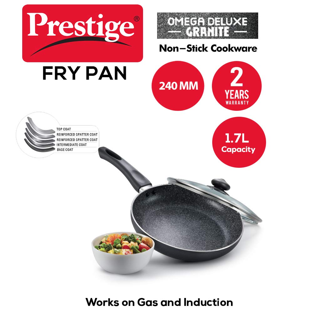 Prestige Omega Deluxe 24cm Granite Fry Pan with Glass lid| Gas & Induction Compatible | 5 Layers Non-Stick Cookware