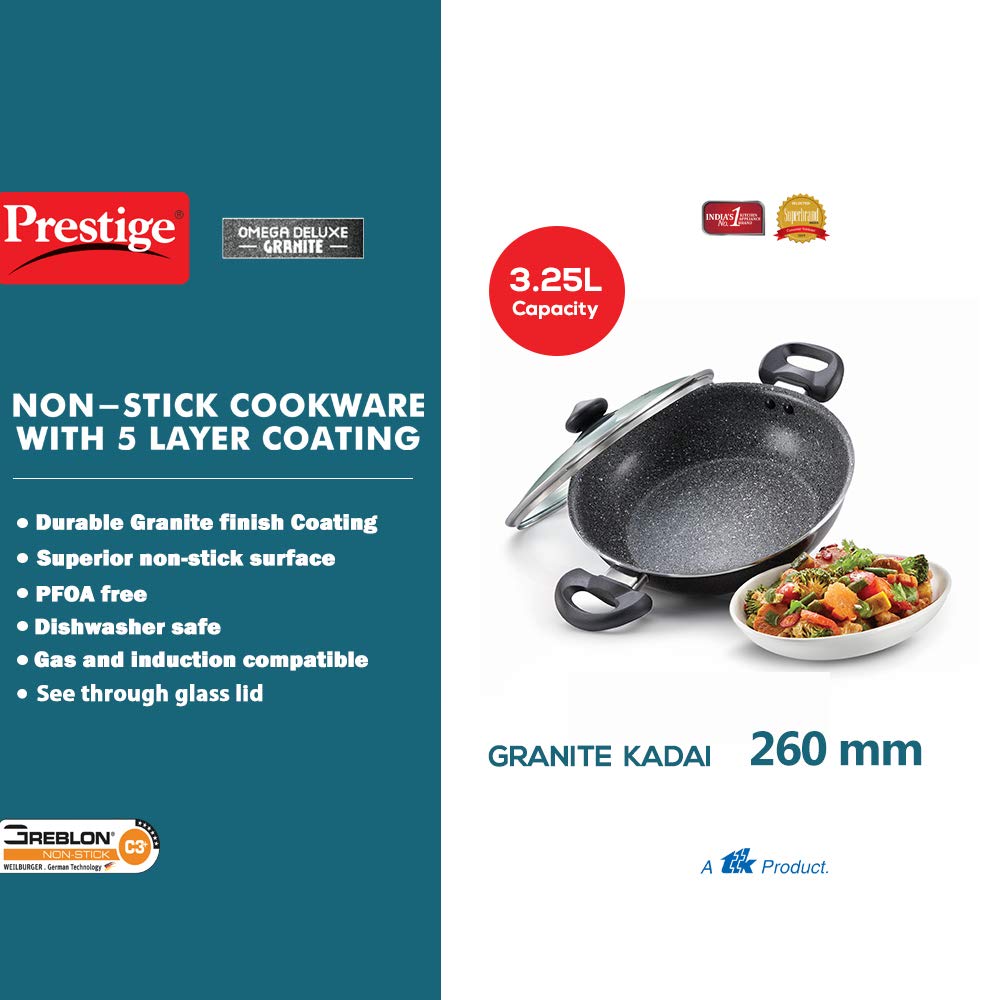 Prestige Omega Deluxe Granite Kadhai 26 Centimeters Capacity 3.25 Liters | Black | Induction Base | 5 Layer Non-Stick Granite Finish | Scratch Resistant