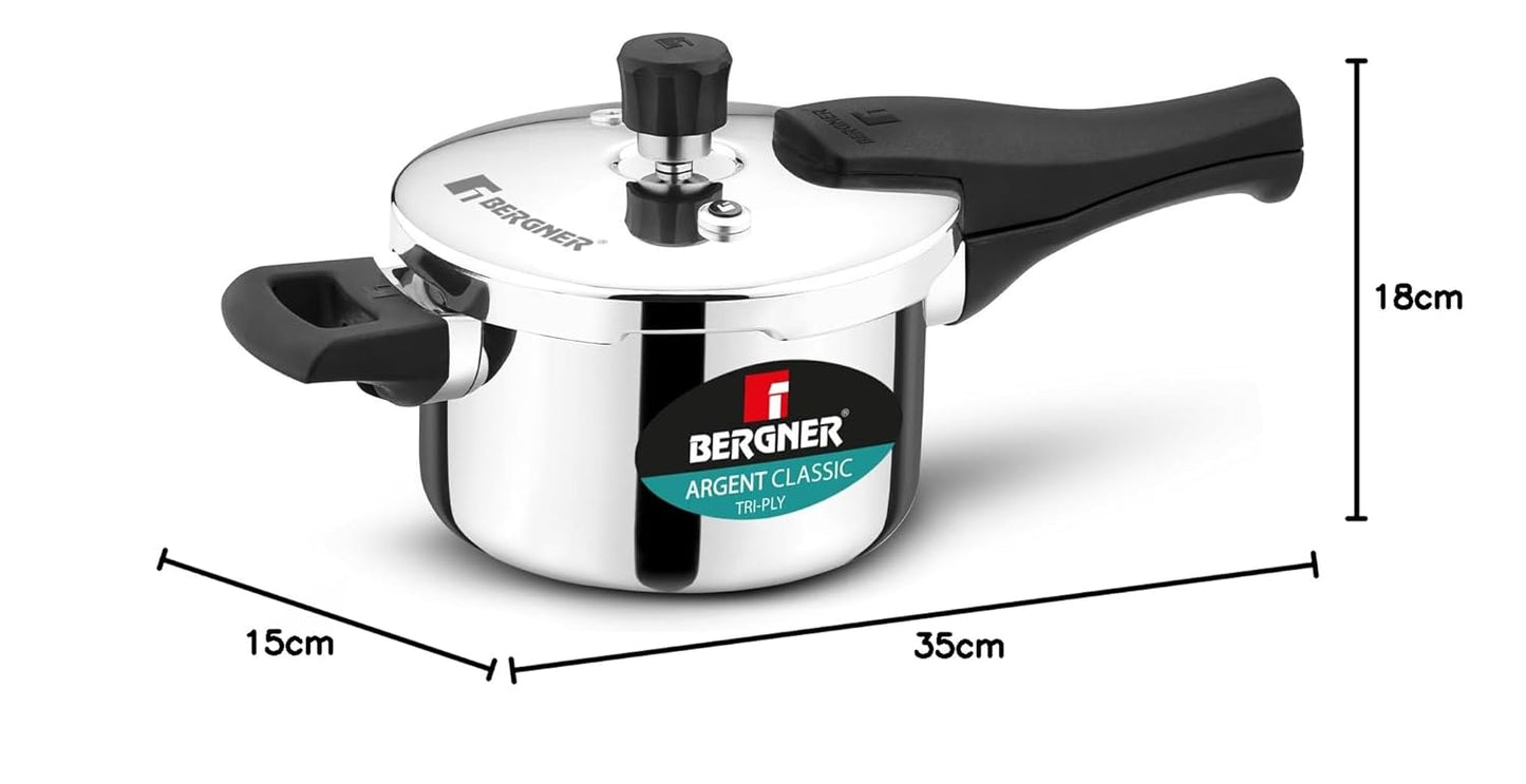 Bergner Argent Classic Triply Stainless Steel 1.5 Liters Outer Lid Pressure Cooker, Mini Baby Cooker with Resettable Safety Valve, Sturdy Handle, Easy to Use and Clean - Induction and Gas Stove Ready