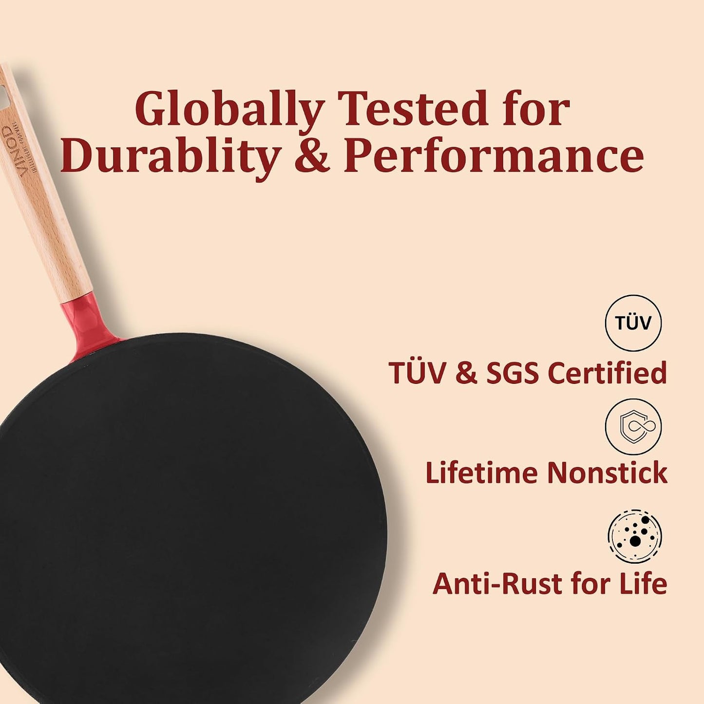 Vinod Freya Cast Iron Roti Tawa 26 cm Red Color | TREON Titanium Enamel, Oil-Activated Food Release, PFAS & PTFE Free, No Traditional Seasoning, Gas & Induction, for Chapati & Paratha, Beechwood Handle