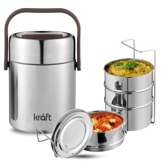Vinod Kraft Perma Therm 4-Tier Stainless Steel Insulated Lunch Box -1.9L (400ml Each), Double-Wall Vacuum Tiffin Keeps Food Hot for 8 Hrs, Leak-Proof Silicone Lid, Clip Lock, Ideal for Office, Men & Women