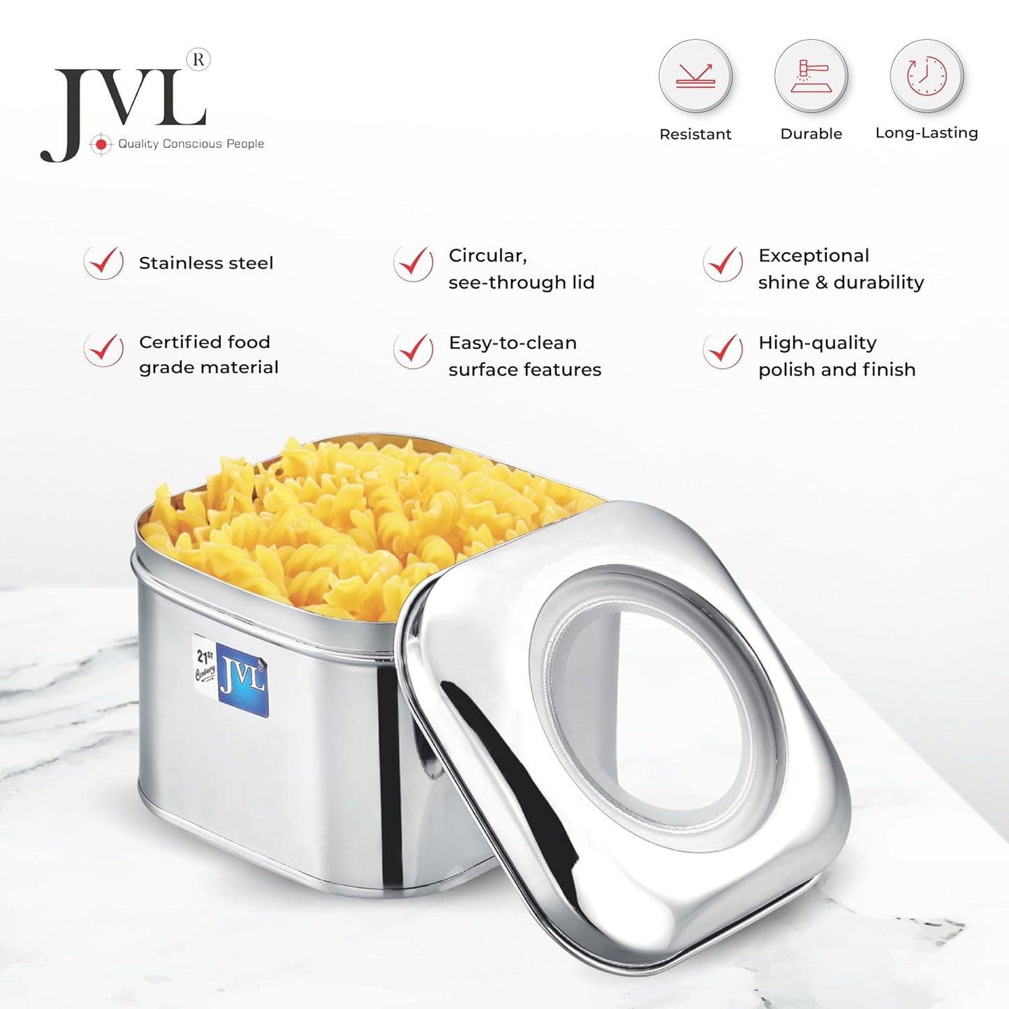 JVL Stainless Steel Kitchen Storage Cubic Store Tin With See Through Lid Capacity 7.25 Liters