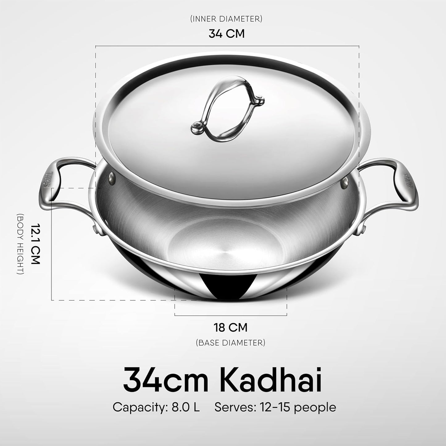 Stahl Artisan Triply Stainless Steel Kadhai with Lid 34cm 8Liters, Kadhai for Cooking, Stainless Steel Cookware Triply Kadhai, Induction & Gas Stove Compatible, 8 L, 34 cm