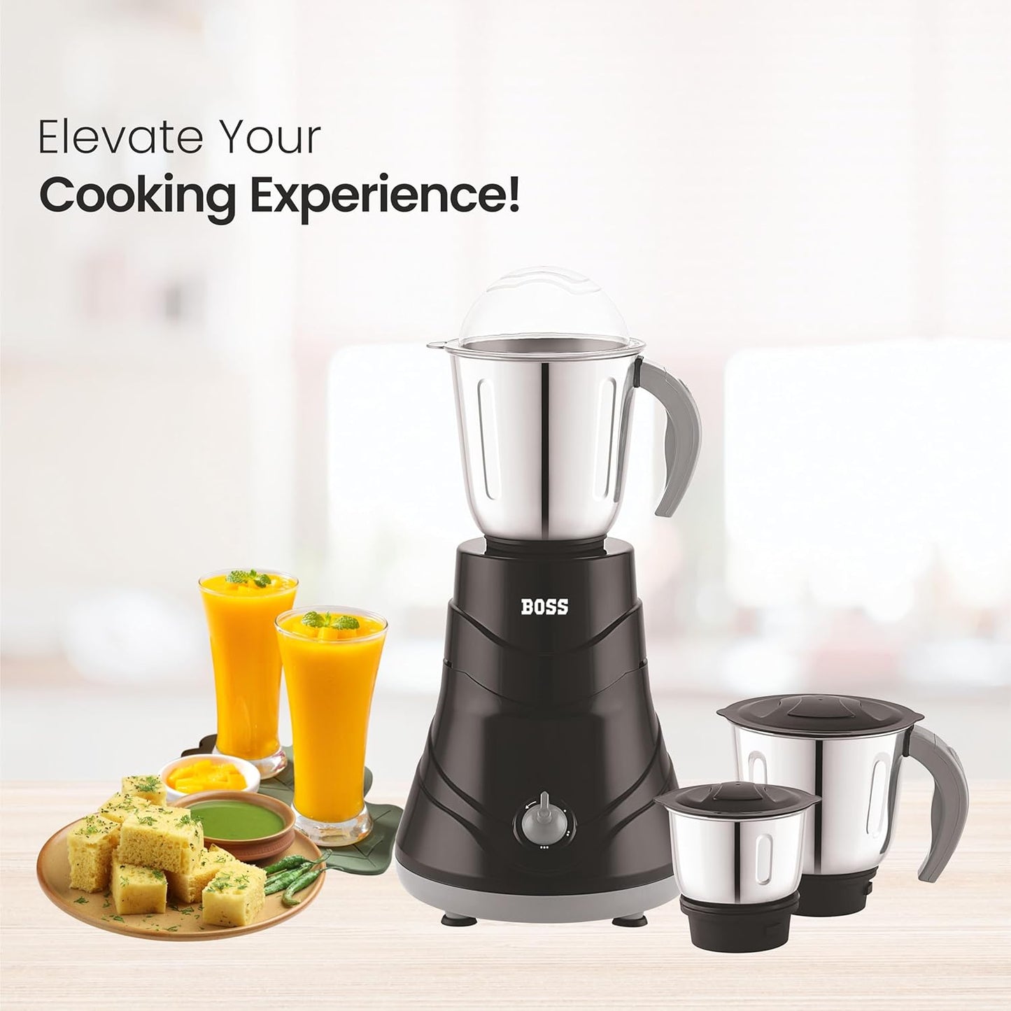 BOSS Alpha 750W Mixer Grinder with Powerful Motor, 5 years warranty on motor & Overload Protection, 3 Stainless Steel Jars, Black and Grey