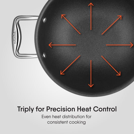 Stahl Artisan Schild 26 cm Kadhai Triply Stainless Steel PEEK-Reinforced Kadhai Induction & Gas Compatible with Glass Lid