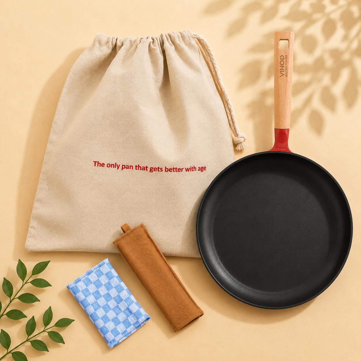 Vinod Freya Cast Iron Dosa Tawa 28 cm Red Color, TREON Titanium-Reinforced Enamel, No Seasoning Required, Oil-Activated Food Release, No Traditional Seasoning, Gas & Induction Base, Beechwood Handle