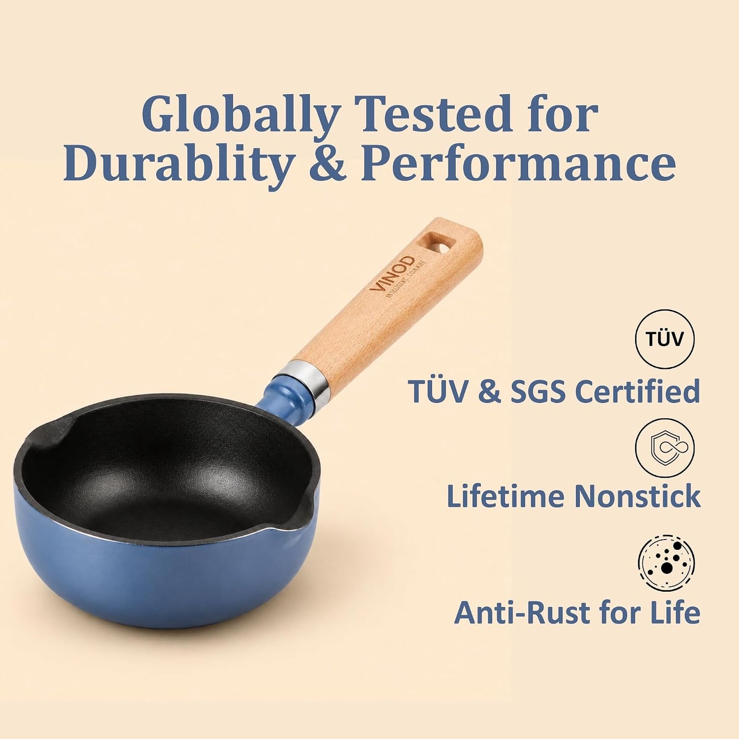 Vinod Freya Enameled Cast Iron Tadka Pan 12 cm  Blue Color| Dual Pour Spouts Wooden Handle | TREON Technology | No Seasoning Required | for Tempering & Sauces | Gas & Induction Compatible | 100% Toxin Free