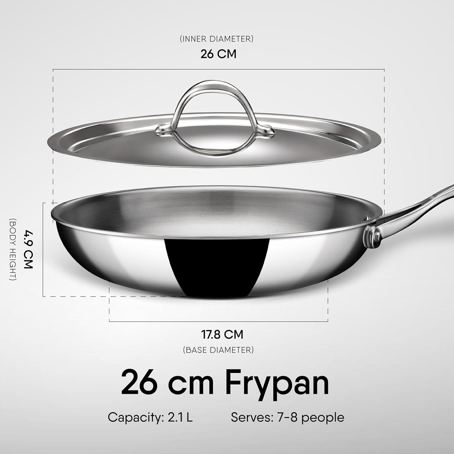 Stahl Artisan Triply Stainless Steel Fry Pan with Lid 26cm 2Liters, Induction & Gas Stove Compatible, 2 Liters, 26 cm