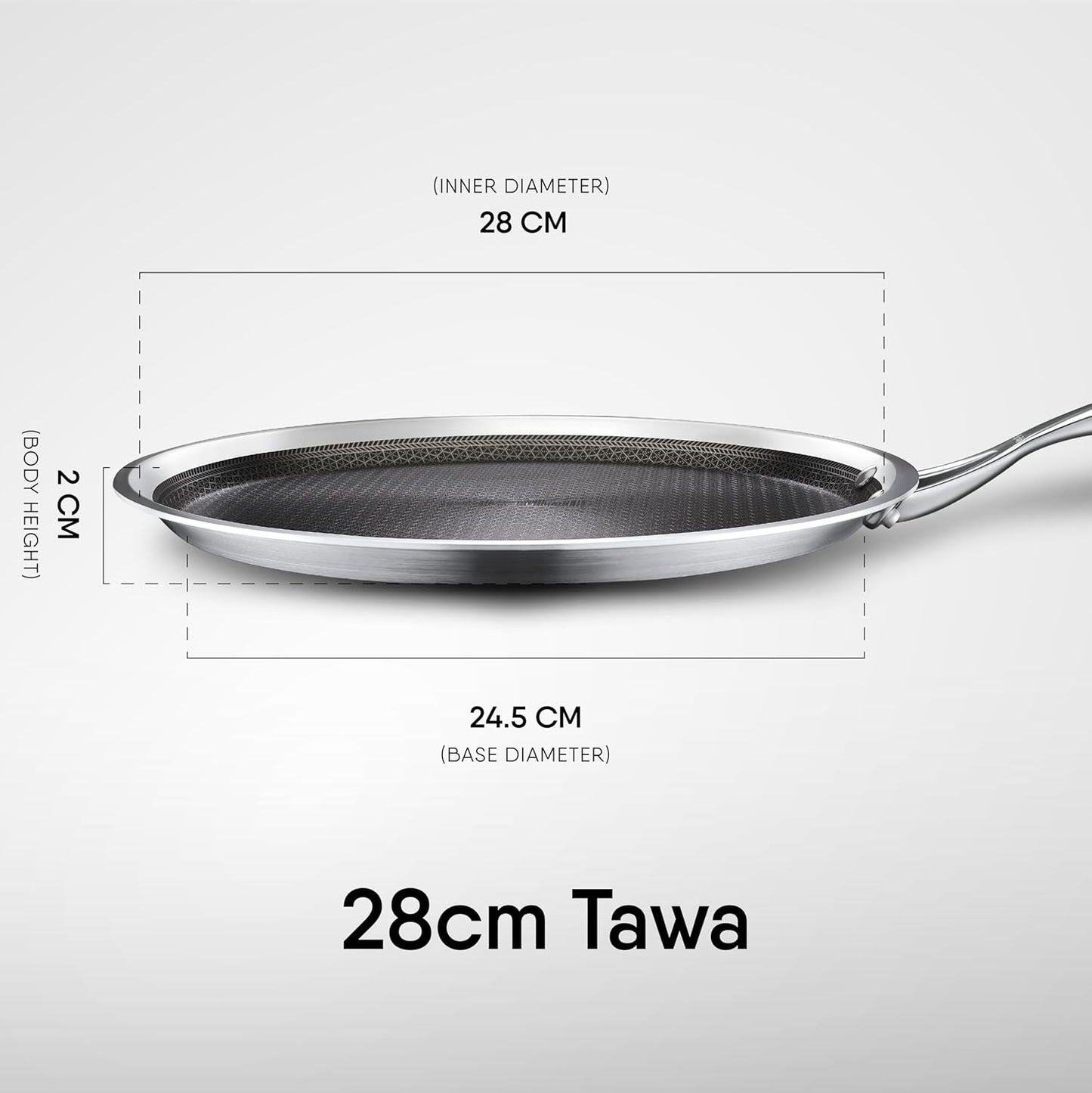 Stahl Artisan Hybrid Triply Dosa Tawa 28cm, Dosa Tawa with Induction Base, Non Stick Pan, Stainless Steel Scratch Resistant Dosa Tava, 28 cm