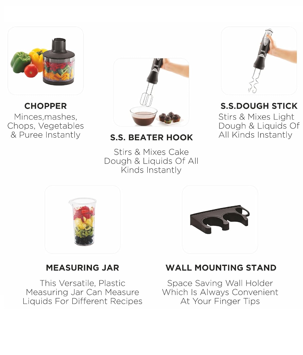 BOSS B117 Quickmix Hand Blender With Beater & Chopper Attachment, 450W, 1 Measuring Jar (Black), 450 Watt