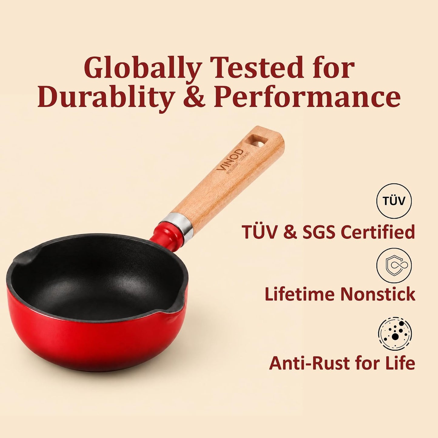 Vinod Freya Enameled Cast Iron Tadka Pan 12 cm Red Color | Dual Pour Spouts Wooden Handle | TREON Technology | No Seasoning Required | for Tempering & Sauces | Gas & Induction Compatible | 100% Toxin Free