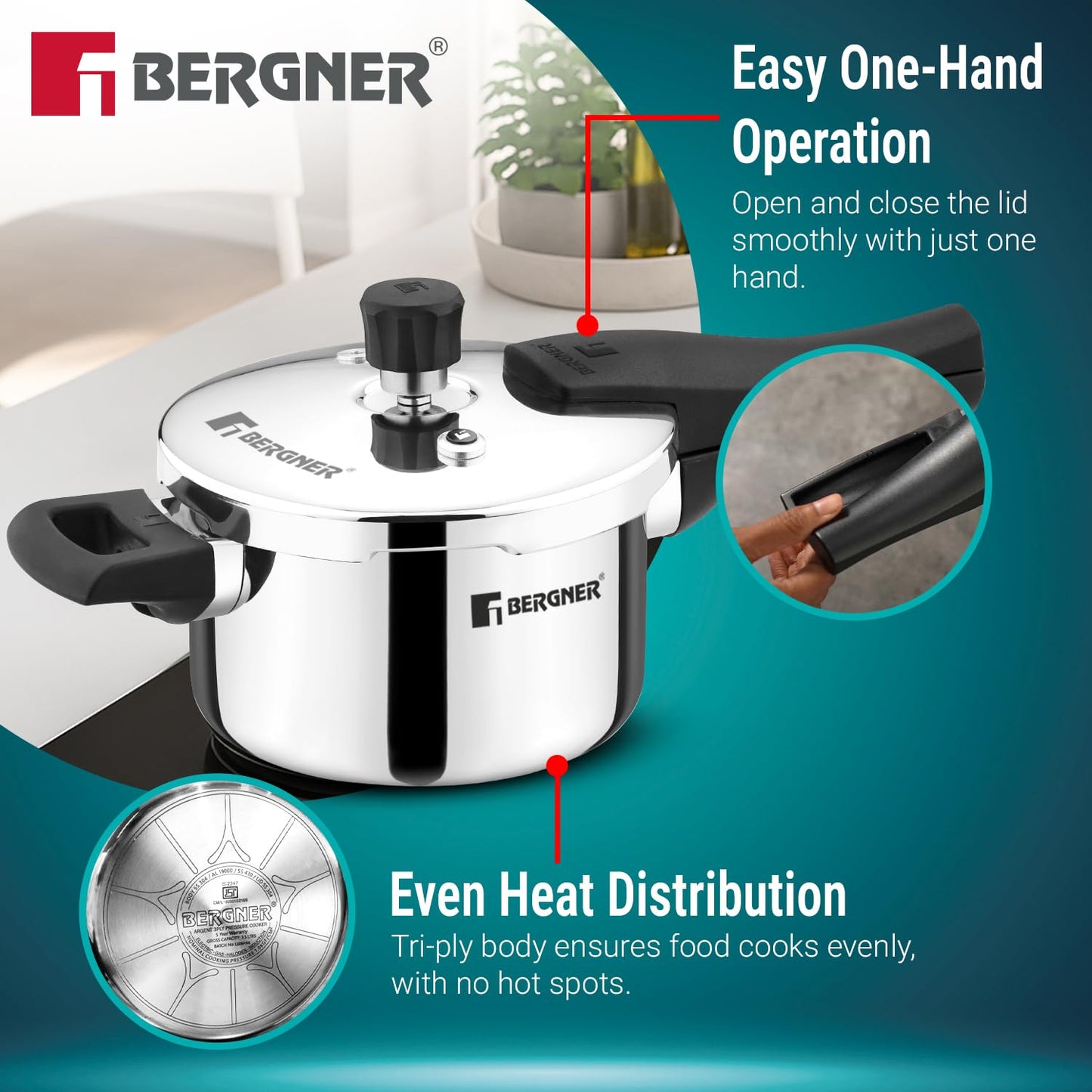Bergner Argent Classic Triply Stainless Steel 1.5 Liters Outer Lid Pressure Cooker, Mini Baby Cooker with Resettable Safety Valve, Sturdy Handle, Easy to Use and Clean - Induction and Gas Stove Ready