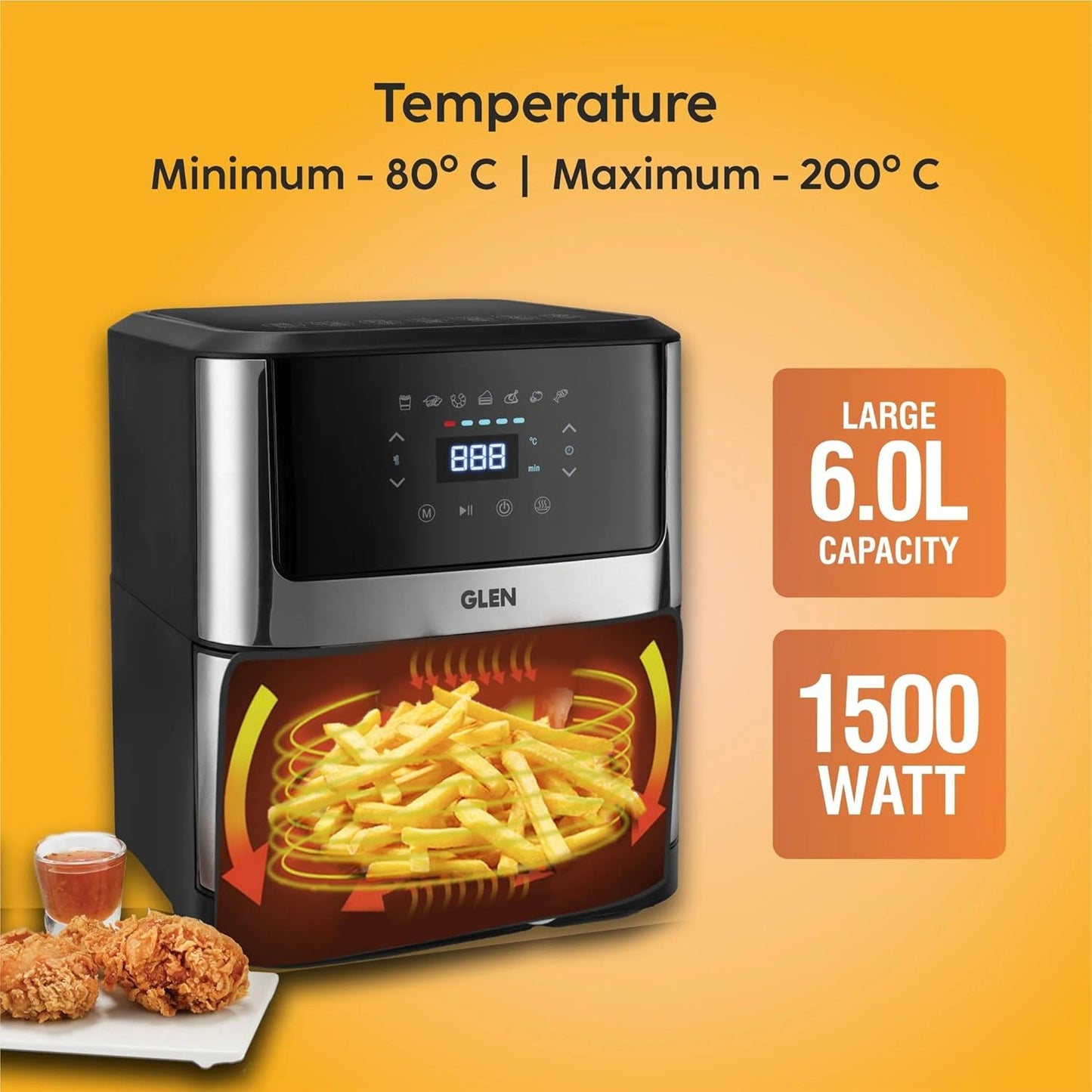Glen Air Fryer With Digital Display and Visible Window 1500 Watts 2 yrs motor warranty