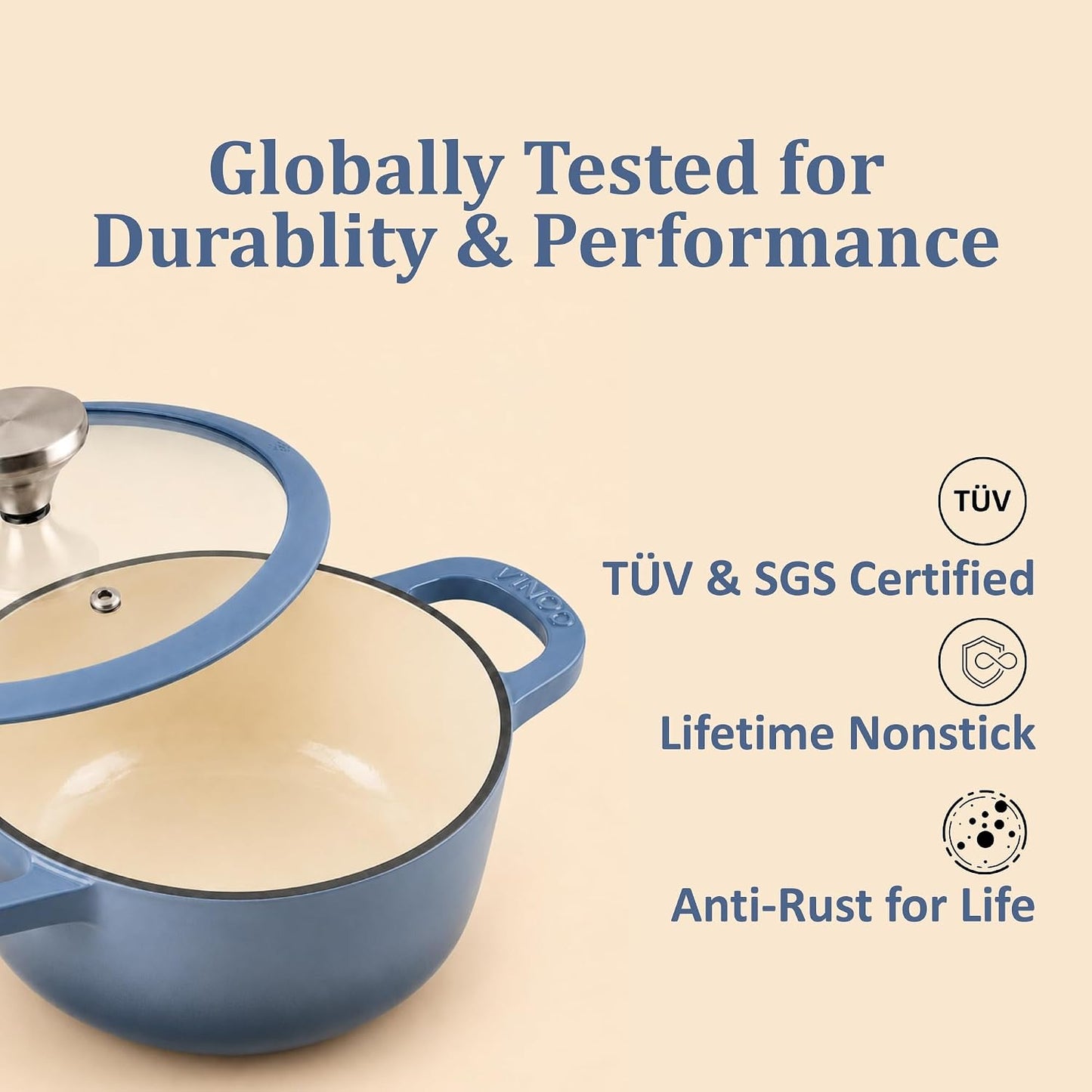 Vinod Freya Cast Iron Saucepot with Glass Lid, 20cm - 2L Blue Color | TREON Technology | Enameled Casserole & Dutch Oven | Iron-Rich Handi for Everyday Use| Induction & Gas Compatible Cooking Pot