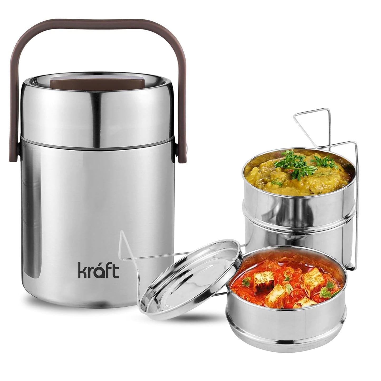 Vinod Kraft Perma Therm 3-Tier Stainless Steel Insulated Lunch Box -1.6L (400ml Each), Double-Wall Vacuum Tiffin Keeps Food Hot for 8 Hrs, Leak-Proof Silicone Lid, Clip Lock, Ideal for Office, Men & Women